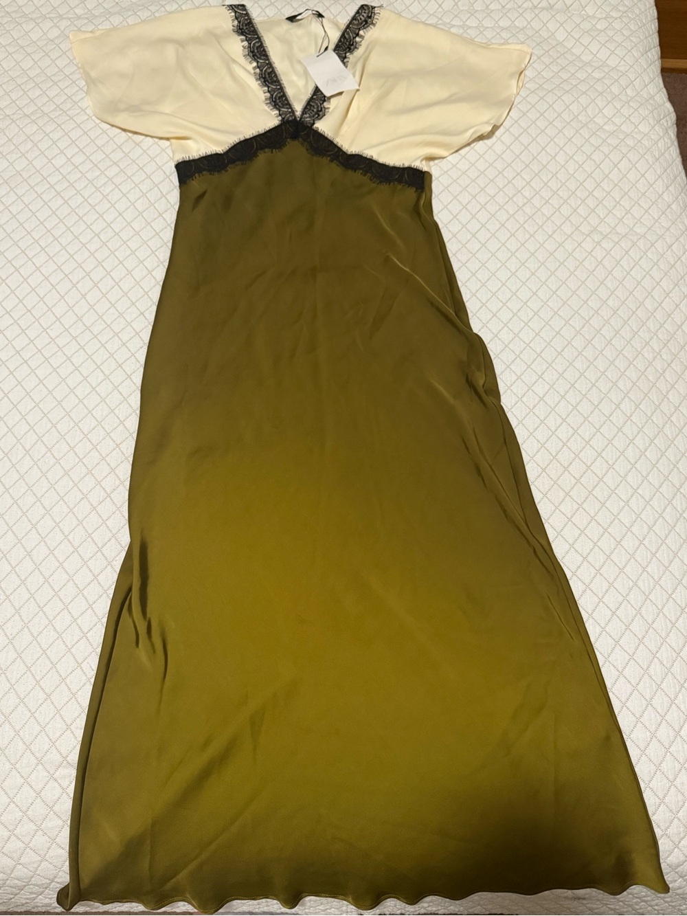 Zara Olive Green Midi Dress with Cream Bodice and Black Lace